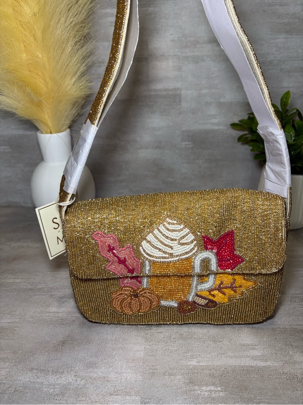 VIRAL/NWT SOLD OUT ONLINE Gold Beaded Fall Pumpkin Spice Latte Motif Bag